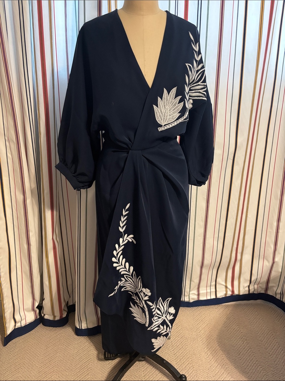 Navy Long-Sleeve Wrap Dress with White Embroidery - Unbranded